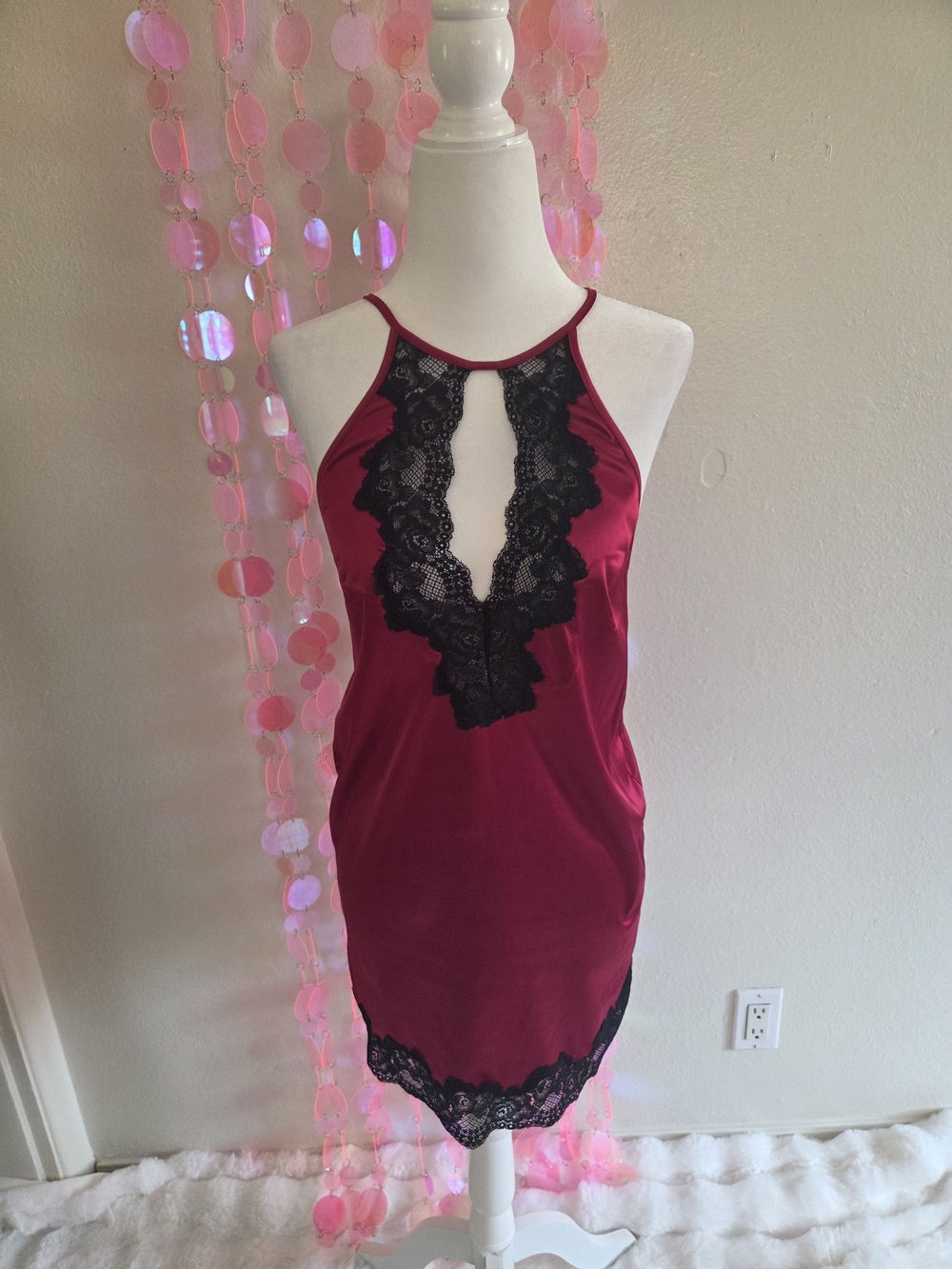 Frederick's of Hollywood Red Satin Chemise with Black Lace
